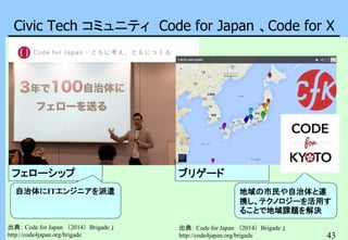 43
Civic Tech コミュニティ Code for Japan 、Code for X
フェローシップ ブリゲード
出典： Code for Japan （2014）Brigade 」
http://code4japan.org/brigade
出典： Code for Japan （2014）Brigade 」
http://code4japan.org/brigade
地域の市民や自治体と連
携し、テクノロジーを活用す
ることで地域課題を解決
自治体にITエンジニアを派遣
 