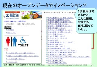47
47
現在のオープンデータでイノベーション？
出典：鯖江市 市内公園等のトイレ情報（XMLRDF） http://www.city.sabae.fukui.jp/pageview.html?id=11592
2次利用はで
きるけど、
こんな情報、
今までも
HPに載って
いた。。
 