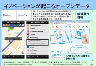 49
イノベーションが起こるオープンデータ
出典JETRO/IPA（2013）「米国オープンデータの動向調
査」www.ipa.go.jp/files/000033718.pdf
出典：東京メトロ「オープンデータ活用コンテス
ト」: http://tokyometro10th.jp/future/opendata/
APIをコンテスト応募者に
試験公開
鉄道運行
情報
 