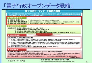 6
引用：首相官邸 「電子行政オープンデータ戦略」
http://www.kantei.go.jp/jp/singi/it2/denshigyousei.html平成24年7月4日決定
「電子行政オープンデータ戦略」
 