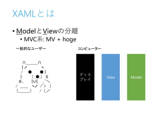 XAMLとは
• ModelとViewの分離
• MVC系: MV + hoge
一般的なユーザー
∩＿＿＿∩
| ノ ヽ
/ ● ● |
| ( _●_) ミ
彡､ |∪| ､｀＼
/ ＿＿ ヽノ /´> )
(＿＿＿） / (_／
ディス
...
