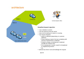 22/147
architecture
Taxis waiting at taxi stand
Cruising taxi
Central dispatch office
Simplified dispatch algorithm
· city is divided in sectors
· one taxi stand at most per sector
· taxis can be waiting at a stand, or cruising
· taxi request dispatch:
• sector is selected (depending on customer
address)
• if taxis waiting at stand, first taxi complying with
services requirements is selected
• if stand is empty, a cruising taxi is selected
(usually the nearest one)
• if no cruising taxi in sector, search is broadened
to neighbouring sectors
• etc.
· selected taxi driver must acknowledge the request
Sector 1
Sector 2
 