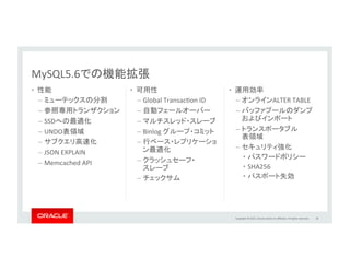 Copyright	
  ©	
  2015,	
  Oracle	
  and/or	
  its	
  aﬃliates.	
  All	
  rights	
  reserved.	
  	
  
スキーマの変更をオンラインで可能。停止時間を削減 	
  
MySQL	
  5.6:	
  InnoDB	
•  CREATE INDEX
•  DROP INDEX
•  AUTO_INCREMENTの値を変更
•  ADD/DROP FOREIGN KEY
•  RENAME COLUMN
•  テーブルのROW FORMAT, KEY_BLOCK_SIZEを変更
•  列のNULL, NOT_NULLを変更
•  列の追加、削除、並び替え	
  
オンラインでのDDL実行	
 