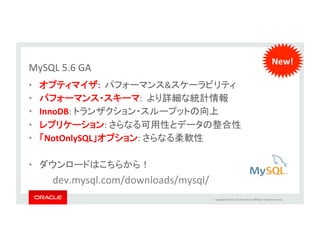 Copyright	
  ©	
  2015,	
  Oracle	
  and/or	
  its	
  aﬃliates.	
  All	
  rights	
  reserved.	
  	
  
MySQL	
  5.6:	
  InnoDB	
•  起動直後からバッファプールにデータがキャッシュされた状態に	
  
•  シャットダウン/起動時に自動で、または手動で	
  
•  ディスク上にはテーブルスペースのページIDのみを書き出す	
バッファプールのダンプ&リストア	
シャットダウン時に自動的にバッファプールの内容をダンプ:	
  
mysql> SET innodb_buffer_pool_dump_at_shutdown=ON;
起動時にダンプされた内容をバッファプールにロード:	
  
mysql> SET innodb_buffer_pool_load_at_startup=ON;	
  
§ 	
  再起動直後や新しいサーバの起動直後でも性能劣化しない	
  
§ 	
  クラウド、ホスティング、SaaSなどの環境でもメリット	
  
 