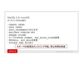 Copyright	
  ©	
  2015,	
  Oracle	
  and/or	
  its	
  aﬃliates.	
  All	
  rights	
  reserved.	
  	
  
MySQL	
  5.6:	
  InnoDB	
  
	
 •  InnoDBに素早く、簡単にアクセス	
-  Memcached	
  API経由のアクセス	
-  既存のMemcachedクライアントを使用	
-  SQL変換をバイパス	
•  NotOnlySQLアクセス	
–  キー・バリュー操作用	
–  複雑なクエリやJOIN、FKにはSQLを使用	
•  実装	
–  mysqldにMemcachedを 
デーモン・プラグインとして統合	
–  ネイティブInnoDB	
  APIをmemcached	
  
プロトコルにマッピング	
–  超低レイテンシ用の 
共有プロセス・スペース	
RDBMSとNoSQLの両立	
InnoDB	
  Storage	
  Engine	
  
MySQL	
  Server	
   Memcached	
  plugin	
  
Applica.on	
  
SQL	
  	
  
(MySQL	
  Client)	
  
NoSQL	
  	
  
(Memcached	
  
	
  	
  Protocol)	
  
mysqld	
  
 