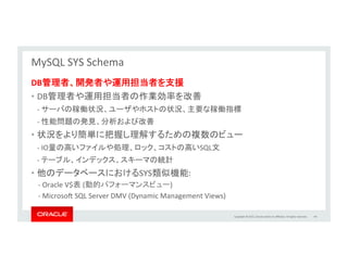 Copyright	
  ©	
  2015,	
  Oracle	
  and/or	
  its	
  aﬃliates.	
  All	
  rights	
  reserved.	
  	
  
•  複数のマスターでの変更点を1台
のスレーブに集約	
  
– 全てのシャードのデータを集約	
  
– より柔軟なレプリケーション構成	
  
– バックアップ処理を集約	
  
•  準同期レプリケーション&改良版	
  
マルチスレッドスレーブ対応	
  
•  スレーブ側でのフィルタリング可能	
  
MySQL	
  5.7:	
  MulL-­‐Source	
  ReplicaLon	
  
	
  
Binlog	
  
Master	
  1	
  
Binlog	
  
Master	
  2	
  
…	
  
…	
  
Binlog	
  
Master	
  N	
  
IO	
  1	
  
Relay	
  1	
  
Coordinator	
  
W1	
   W2	
   …	
   WX	
  
IO	
  2	
  
Relay	
  2	
  
Coordinator	
  
W1	
   W2	
   …	
   WX	
  
…	
  
…	
  
Coordinator	
  
W1	
   W2	
   …	
   WX	
  
IO	
  N	
  
Relay	
  N	
  
Coordinator	
  
W1	
   W2	
   …	
   WX	
  
Slave	
  
47	
  
labs.mysql.com	
  
 