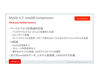 Copyright	
  ©	
  2015,	
  Oracle	
  and/or	
  its	
  aﬃliates.	
  All	
  rights	
  reserved.	
  	
  
•  シェアード・ナッシング型”疑似”同期レプリケーション	
  
•  更新はマルチ・マスタ型でどこでも可能	
  
–  矛盾の検知と解決(トランザクションのロールバック	
  
–  “OpLmisLc	
  State	
  Machine”	
  レプリケーション	
  
•  グループメンバーの管理と障害検知を自動化	
  
–  サーバのフェールオーバー不要	
  
–  構成の拡張/縮小の柔軟性	
  
–  単一障害点無し	
  
–  自動再構成	
  
•  既存構成との統合	
  
–  InnoDB	
  
–  GTIDベースのレプリケーション	
  
–  PERFORMANCE_SCHEMA	
  
MySQL	
  5.7:	
  グループレプリケーション	
  
	
  
ApplicaLon	
  
MySQL	
  Masters	
   ReplicaLon	
  	
  
Plugin	
  
API	
  
MySQL	
  
Server	
  
Group	
  Comms	
  
(Corosync)	
  
49	
  
labs.mysql.com	
  
 