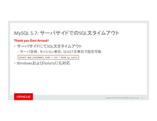 Copyright	
  ©	
  2015,	
  Oracle	
  and/or	
  its	
  aﬃliates.	
  All	
  rights	
  reserved.	
  	
  
MySQL	
  Fabric	
  1.5:	
  高可用性	
  &	
  シャーディング	
  
•  OpenStack	
  との統合	
  
•  高可用性	
  
–  サーバの監視;	
  スレーブの自動昇格と透過
的なレプリケーション切り替え	
  
•  シャーディングによる拡張性	
  
–  アプリケーションがシャードのキーを提供	
  
•  整数型、日付型、文字列型	
  
–  レンジまたはハッシュ	
  
–  シャード再構成可能	
  
•  Fabric対応コネクタ利用:	
  Python,	
  Java,	
  
PHP,	
  .NET,	
  C	
  (labs)	
  
–  プロキシを使わないので低レイテンシ、	
  
ボトルネック無し	
  
MySQL	
  Fabric	
  
Connector	
  
ApplicaLon	
  
Read-­‐slaves	
  
mappings	
  
SQL	
  
HA	
  group	
  
Read-­‐slaves	
  
HA	
  group	
  
Connector	
  
ApplicaLon	
  
50	
  
GA	
  
 