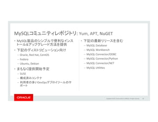 Copyright	
  ©	
  2015,	
  Oracle	
  and/or	
  its	
  aﬃliates.	
  All	
  rights	
  reserved.	
  	
  
The	
  world's	
  most	
  popular	
  open	
  source	
  database	
  
世界で最も普及しているオープンソース データベース	
  
 