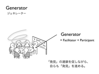 「発見」の連鎖を促しながら、	

自らも「発見」を進める。
Generator
= Facilitator + Participant
Generator
ジェネレーター
 
