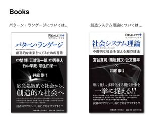 パターン・ランゲージ
Reality
リアリティ プラス
Pattern Languages
創造的な未来をつくるための言語
中
埜
博
NakanoHiroshi
江
渡
浩
一
郎
EtoKoichiro
中
西
泰
人
NakanishiYasuto
竹
中
平
蔵
TakenakaHeizō
羽
生
田
栄
一
EiitiHanyuda
井
庭
崇［
編
著
］
IbaTakashi
パ
タ
ー
ン・
ラ
ン
ゲ
ー
ジ
定価（本体 2,400円＋税）
創造的な社会へ
応急処置的な社会から、
中埜 博 江渡浩一郎 中西泰人
竹中平蔵 羽生田栄一
井庭 崇
パターン・ランゲージによって、私たちはどのような未来をつくることができるのか？
気鋭の社会学者・井庭崇が、中埜博、江渡浩一郎、中西泰人、竹中平蔵、羽生田栄一
という各界のフロントランナーを迎え、徹底討論。
読者のリアリティに、新たな知をプラスする
［
編
著
］
パ
タ
ー
ン・
ラ
ン
ゲ
ー
ジ
！！
パターン・ランゲージについては… 創造システム理論については…
Books
 
