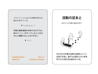 活動の足あと
自分たちの活動の軌跡を残す。
それぞれの作業の成果や記録をメンバー
全員で共有し、誰でも必要なときに時系
列でたどり直せる仕組みをつくる。
プロジェクトにおける情報共有の仕
組みを考えている。
作業の進捗情報を共有するだけでは、
他のメンバーがやっていることをき
ちんと理解することはできない。
その状況において
そこで
Collaboration
Patterns
No.17
Creation Process
 