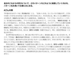 今年度の自分のテーマは《突き抜ける》こと。「まあいいかな」というレベルで満足せず、こだわ
りを持って本当に自分が良いと思うものを生み出したい。そのためには、新しいことに挑戦するこ
とを恐れず、積極的に取り組んでいく必要がある。具体的には、『パーソナル・カルチャー・パター
ン』を完成させると同時に、イベントなどにも力を入れていく。このことは、《断固たる決意》を
持ってやり抜きたい。そのため、研究に必要な知識を補うため、キャリア・デザインに関する授業
を多く履修し、なおかつプロジェクトの時間をしっかり確保するために時間割を整理した。また、
積極的に学会に参加したり、外部の人との関わりをつくったりすることによって、自らを追い込ん
でいる。環境は整えたため、あとは《探究への情熱》を絶やさぬよう、常に《自分で考える》こと
を心がけたい。
  また昨年度の反省点として、動く前に考えすぎてしまい、結局前に進んでいない自分がいた。そ
こで、今年度は《動きのなかで考える》ことを自分への課題に設定し、思い立ったらすぐに行動し
ていこうと思う。動きながら自分に足りないもの・ことに敏感になり、それらを学び、補いながら
成長していけるような行動力と実践力を身につけたい。
  それに加えて、《魅せる力》も必要であると感じている。こんなにも《探究への情熱》を持って
取り組むプロジェクトは正直初めてであるため、このプロジェクトの魅力と成果を多くの人に届け
たいと心から思う。そのためには、ただプロジェクトを完成させるのではなく、人々を 魅せる ため
の工夫を加えなくてはならない。研究成果を社会に活かすためにも、このことは常に頭に置いてお
きたい。
Aさんの例
自分のこれからの学びについて、どのパターンをどのように実践していくのかを、
パターン名を用いて文章にまとめる。
 