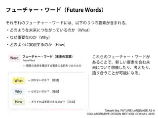 フューチャー・ワード（Future Words）
それぞれのフューチャー・ワードには、以下の３つの要素が含まれる。
・どのような未来につながっているのか（What）
・なぜ重要なのか（Why）
・どのように実現するのか（How）
これらのフューチャー・ワードが
あることで、新しい要素を含む未
来について想像したり、考えたり、
語り合うことが可能になる。
Takashi Iba, FUTURE LANGUAGE AS A
COLLABORATIVE DESIGN METHOD, COINs15, 2015
 