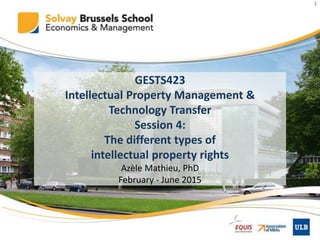 1
GESTS423
Intellectual Property Management &
Technology Transfer
Session 4:
The different types of
intellectual property rights
Azèle Mathieu, PhD
February - June 2015
 