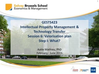 1
GESTS423
Intellectual Property Management &
Technology Transfer
Session 6: Valorisation plan
Step I: What?
Azèle Mathieu, PhD
February - June 2015
 