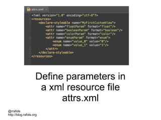 @rrafols
http://blog.rafols.org
Define parameters in
a xml resource file
attrs.xml
 