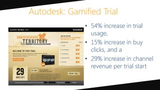 Autodesk: Gamified Trial
• 54% increase in trial
usage,
• 15% increase in buy
clicks, and a
• 29% increase in channel
revenue per trial start
 