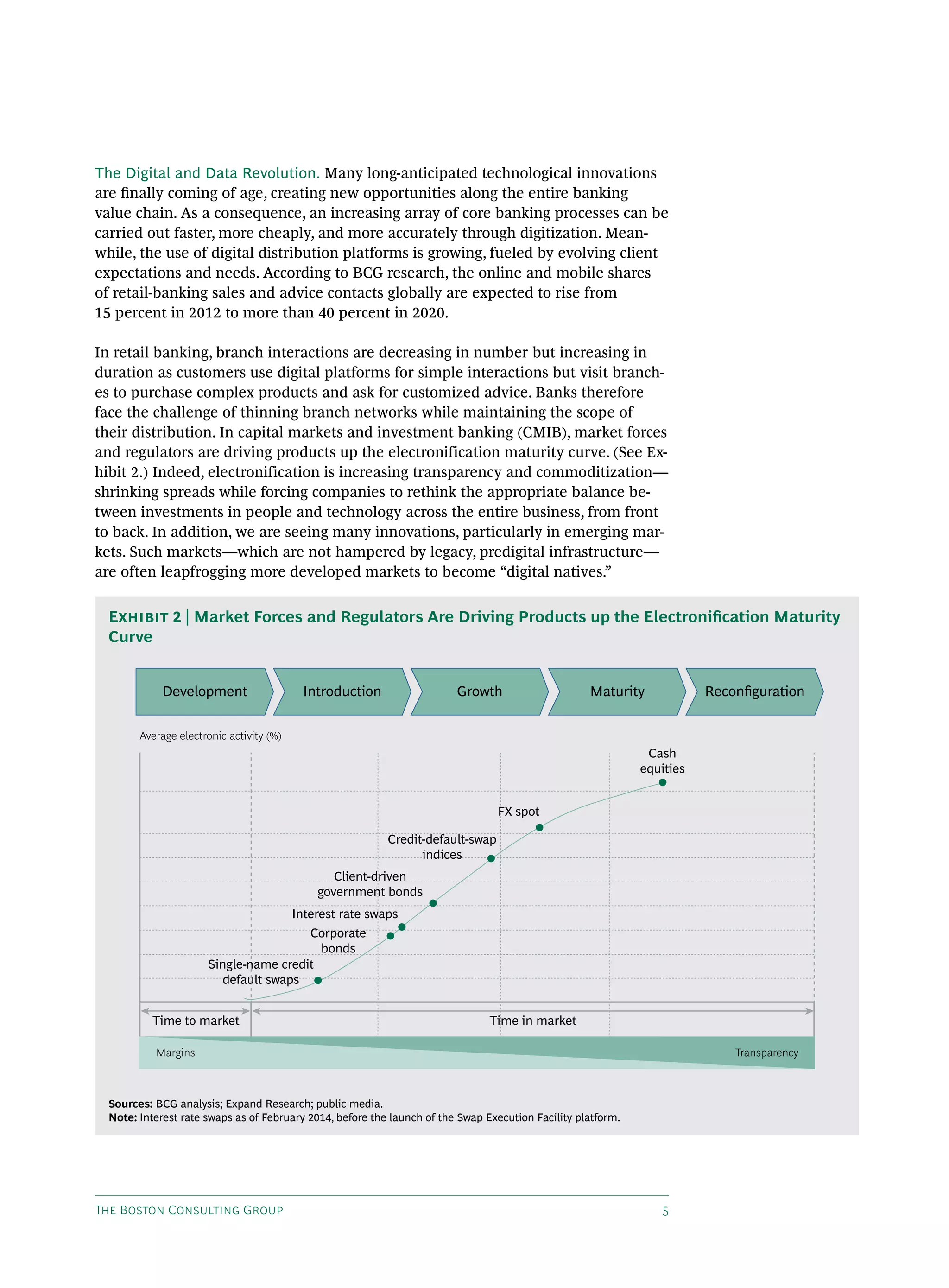 The Boston Consulting Group 5
The Digital and Data Revolution. Many long-anticipated technological innovations
are finally coming of age, creating new opportunities along the entire banking
value chain. As a consequence, an increasing array of core banking processes can be
carried out faster, more cheaply, and more accurately through digitization. Mean-
while, the use of digital distribution platforms is growing, fueled by evolving client
expectations and needs. According to BCG research, the online and mobile shares
of retail-banking sales and advice contacts globally are expected to rise from
15 percent in 2012 to more than 40 percent in 2020.
In retail banking, branch interactions are decreasing in number but increasing in
duration as customers use digital platforms for simple interactions but visit branch-
es to purchase complex products and ask for customized advice. Banks therefore
face the challenge of thinning branch networks while maintaining the scope of
their distribution. In capital markets and investment banking (CMIB), market forces
and regulators are driving products up the electronification maturity curve. (See Ex-
hibit 2.) Indeed, electronification is increasing transparency and commoditization—
shrinking spreads while forcing companies to rethink the appropriate balance be-
tween investments in people and technology across the entire business, from front
to back. In addition, we are seeing many innovations, particularly in emerging mar-
kets. Such markets—which are not hampered by legacy, predigital infrastructure—
are often leapfrogging more developed markets to become “digital natives.”
Development Introduction Growth Maturity Reconﬁguration
Average electronic activity (%)
Margins Transparency
Time to market Time in market
Single-name credit
default swaps
Corporate
bonds
Interest rate swaps
Client-driven
government bonds
Credit-default-swap
indices
FX spot
Cash
equities
Sources: BCG analysis; Expand Research; public media.
Note: Interest rate swaps as of February 2014, before the launch of the Swap Execution Facility platform.
Exhibit 2 | Market Forces and Regulators Are Driving Products up the Electronification Maturity
Curve
 