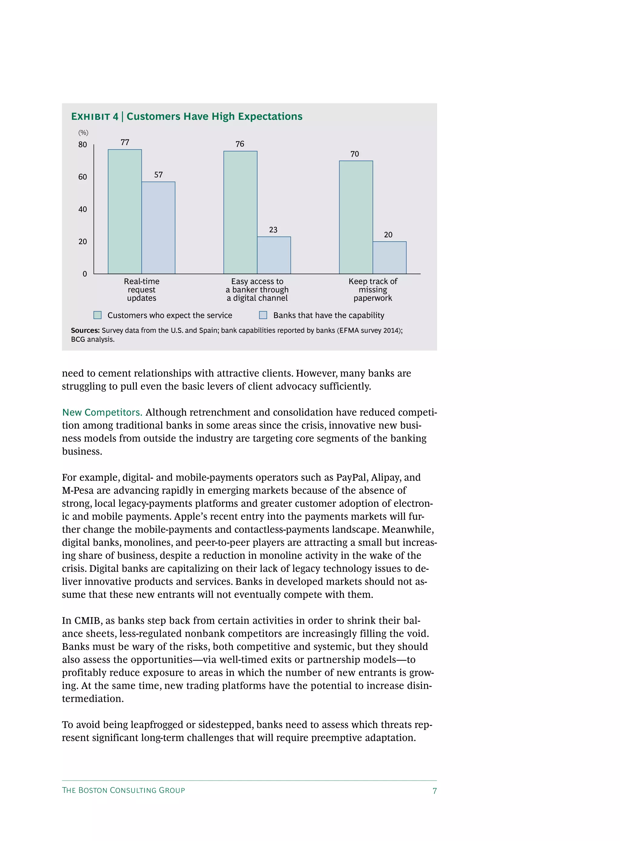 The Boston Consulting Group 7
need to cement relationships with attractive clients. However, many banks are
struggling to pull even the basic levers of client advocacy sufficiently.
New Competitors. Although retrenchment and consolidation have reduced competi-
tion among traditional banks in some areas since the crisis, innovative new busi-
ness models from outside the industry are targeting core segments of the banking
business.
For example, digital- and mobile-payments operators such as PayPal, Alipay, and
M-Pesa are advancing rapidly in emerging markets because of the absence of
strong, local legacy-payments platforms and greater customer adoption of electron-
ic and mobile payments. Apple’s recent entry into the payments markets will fur-
ther change the mobile-payments and contactless-payments landscape. Meanwhile,
digital banks, monolines, and peer-to-peer players are attracting a small but increas-
ing share of business, despite a reduction in monoline activity in the wake of the
crisis. Digital banks are capitalizing on their lack of legacy technology issues to de-
liver innovative products and services. Banks in developed markets should not as-
sume that these new entrants will not eventually compete with them.
In CMIB, as banks step back from certain activities in order to shrink their bal-
ance sheets, less-regulated nonbank competitors are increasingly filling the void.
Banks must be wary of the risks, both competitive and systemic, but they should
also assess the opportunities—via well-timed exits or partnership models—to
profitably reduce exposure to areas in which the number of new entrants is grow-
ing. At the same time, new trading platforms have the potential to increase disin-
termediation.
To avoid being leapfrogged or sidestepped, banks need to assess which threats rep-
resent significant long-term challenges that will require preemptive adaptation.
0
20
40
60
80
Customers who expect the service Banks that have the capability
77
57
76
23
70
20
Real-time
request
updates
Easy access to
a banker through
a digital channel
Keep track of
missing
paperwork
(%)
Exhibit 4 | Customers Have High Expectations
Sources: Survey data from the U.S. and Spain; bank capabilities reported by banks (EFMA survey 2014);
BCG analysis.
 