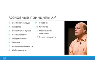 14
Основные принципы XP
1. Взаимная выгода
2. Сходство
3. Все лучше и лучше
4. Разнообразие
5. Обдумывание
6. Течение
7. Новые возможности
8. Избыточность
9. Неудачи
10. Качество
11. Маленькими
шажками
12. Ответственность
 