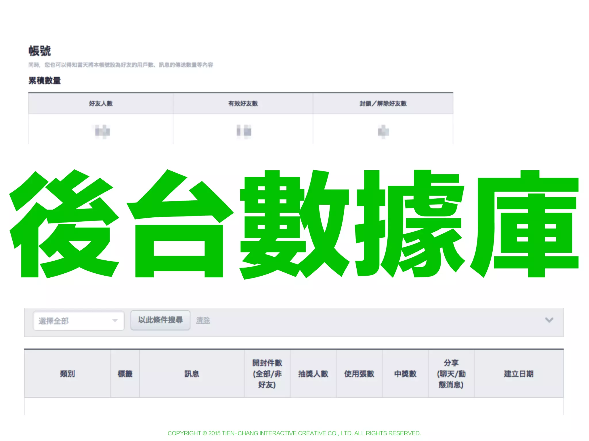 Copyright © 2015 Tien-Chang Interactive Creative Co., Ltd. All Rights Reserved.
即時優惠
01 限時折扣
02 圖片影音
03 限量抽獎
04 管理方便
圖片版權屬於LINE公司( http://at.line.me/tw )所有，請勿轉載
 