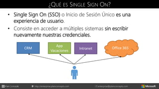 http://enterprise.plainconcepts.com + enterprise@plainconcepts.com
¿QUÉ ES SINGLE SIGN ON?
• Single Sign On (SSO) o Inicio de Sesión Único es una
experiencia de usuario.
• Consiste en acceder a múltiples sistemas sin escribir
nuevamente nuestras credenciales.
CRM Office 365
App
Vacaciones
Intranet
 