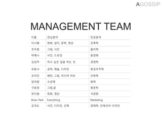 AGOSSIP
이름 관심분야 전공분야
이시형 회화, 설치, 문학, 영상 건축학
조우람 그림, 사진 물리학
박예나 사진, 드로잉 동양화
김성주 하고 싶은 일을 하는 것 경영학
유동서 공학, 예술, 디자인 항공우주학
조미진 패턴, 그림, 미디어 아트 건축학
임아람 수공예 화학
구효정 그림,글 중문학
최지원 회화, 영상 서양화
Brian Park Everything Marketing
김국도 사진, 디자인, 건축 경제학, 인테리어 디자인
MANAGEMENT TEAM
 