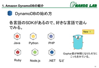 17
1. Amazon DynamoDBの紹介
各言語のSDKがあるので、好きな言語で遊ん
でみる。
DynamoDBの始め方
Java Python PHP
.NETRuby Node.js など
Gophar君が仲間になりたそうに
こっち...