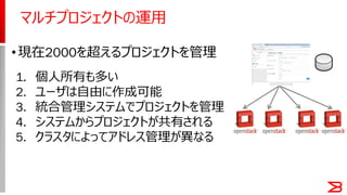 マルチプロジェクトの運用
•現在2000を超えるプロジェクトを管理
1. 個人所有も多い
2. ユーザは自由に作成可能
3. 統合管理システムでプロジェクトを管理
4. システムからプロジェクトが共有される
5. クラスタによってアドレス管理が異なる
 
