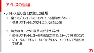 アドレスの管理
•アドレス割り当ては主に2種類
1. 全てのプロジェクトでシェアしている標準サブネット
 標準サブネットはクラスタ辺り /23を32個
2. 特定のプロジェクト専用の拡張サブネット
 拡張サブネットはユーザの希望次第で/28～/24を割り当て
 グローバルIPアドレス、もしくはプライベートIPアドレスが割り当
てられる
 