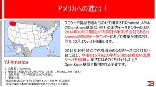 アメリカへの進出 !
1 会社名：YJ America,
2 所在地：米国ワシントン州シアトル（本社）、カリフォルニア州（支社）
3 会社形態：ヤフー株式会社100％子会社
4 事業内容：
・米国の有望なスタートアップ企業やインターネットサービスの開拓
・米国企業の日本向け事業開始におけるコンサルティング業務
ブロケード製品を組み合わせて構築されたYahoo! JAPAN
のOpenStack基盤は、同社の国内データセンターのほか、
2014年10月に開設された同社の米国子会社であるYJ
Americaの新規データセンターにおいて構築が開始され、
同年12月よりテスト稼働します。
2014年10月時点で作成済みの仮想サーバは合計6万
台に及び、今後も1ヶ月あたり平均5,000台程度の仮想
サーバを追加し、年内にはそのうち5万台以上が
OpenStack基盤で提供される予定です。
YJ America
 