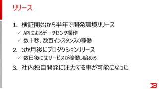 1. 検証開始から半年で開発環境リリース
 APIによるデータセンタ操作
 数十秒、数百インスタンスの稼働
2. 3か月後にプロダクションリリース
 数日後にはサービスが稼働し始める
3. 社内独自開発に注力する事が可能になった
リリース
 