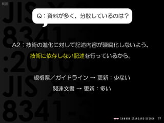 21
概要
A2：技術の進化に対して記述内容が陳腐化しないよう、
技術に依存しない記述を行っているから。
規格票／ガイドライン → 更新：少ない
関連文書 → 更新：多い
Q：資料が多く、分散しているのは？
 