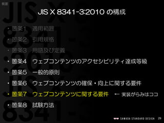 29
概要
•箇条1 適用範囲
•箇条2 引用規格
•箇条3 用語及び定義
•箇条4 ウェブコンテンツのアクセシビリティ達成等級
•箇条5 一般的原則
•箇条6 ウェブコンテンツの確保・向上に関する要件
•箇条7 ウェブコンテンツに関する要件 ← 実装がらみはココ
•箇条8 試験方法
JIS X 8341-3:2010 の構成
 