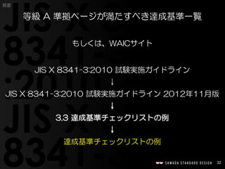 32
概要
もしくは、WAICサイト
JIS X 8341-3:2010 試験実施ガイドライン
↓
JIS X 8341-3:2010 試験実施ガイドライン 2012年11月版
↓
3.3 達成基準チェックリストの例
↓
達成基準チェックリストの例
等級 A 準拠ページが満たすべき達成基準一覧
 