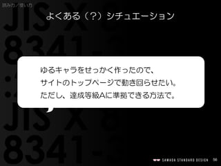 56
読み方／使い方
よくある（？）シチュエーション
ゆるキャラをせっかく作ったので、
サイトのトップページで動き回らせたい。
ただし、達成等級Aに準拠できる方法で。
 