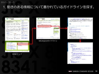 58
読み方／使い方
1. 動きのある情報について書かれているガイドラインを探す。
WAICトップ
WCAG2.0ガイドライン
 