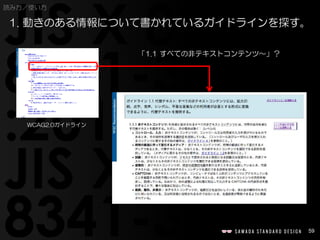 59
読み方／使い方
1. 動きのある情報について書かれているガイドラインを探す。
「1.1 すべての非テキストコンテンツ〜」？
WCAG2.0ガイドライン
 