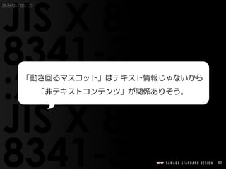 60
「動き回るマスコット」はテキスト情報じゃないから
「非テキストコンテンツ」が関係ありそう。
読み方／使い方
 