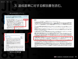 63
読み方／使い方
3. 達成基準に対する解説書を読む。
WCAG 2.0 解説書
WCAG2.0ガイドライン
 