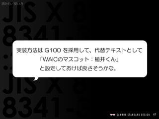 67
実装方法は G100 を採用して、代替テキストとして
「WAICのマスコット：植井くん」
と設定しておけば良さそうかな。
読み方／使い方
 