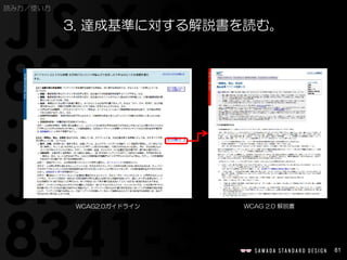 81
読み方／使い方
3. 達成基準に対する解説書を読む。
WCAG 2.0 解説書WCAG2.0ガイドライン
 