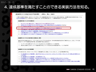 85
読み方／使い方
4. 達成基準を満たすことのできる実装方法を知る。
 