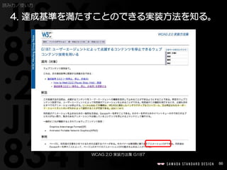 86
読み方／使い方
4. 達成基準を満たすことのできる実装方法を知る。
WCAG 2.0 実装方法集 G187
 