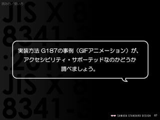 87
実装方法 G187の事例（GIFアニメーション）が、
アクセシビリティ・サポーテッドなのかどうか
調べましょう。
読み方／使い方
 