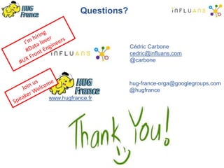 Questions?
Cédric Carbone
cedric@influans.com
@carbone
www.hugfrance.fr
hug-france-orga@googlegroups.com
@hugfrance
 