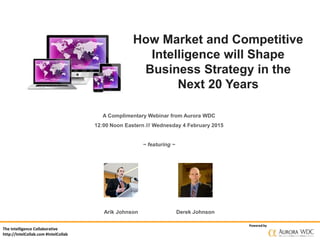 Powered by
The Intelligence Collaborative
http://IntelCollab.com #IntelCollab
How Market and Competitive
Intelligence will Shape
Business Strategy in the
Next 20 Years
A Complimentary Webinar from Aurora WDC
12:00 Noon Eastern /// Wednesday 4 February 2015
~ featuring ~
Derek JohnsonArik Johnson
 