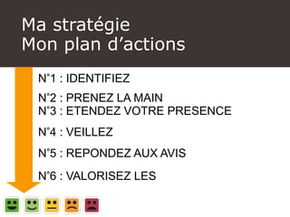 Ma stratégie
Mon plan d’actions
o N°1 : IDENTIFIEZ
o N°2 : PRENEZ LA MAIN
o N°3 : ETENDEZ VOTRE PRESENCE
o N°4 : VEILLEZ
o N°5 : REPONDEZ AUX AVIS
o N°6 : VALORISEZ LES
 