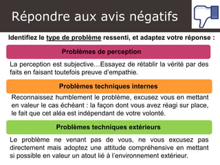 Atelier Google + local
Identifiez le type de problème ressenti, et adaptez votre réponse :
Problèmes de perception
Problèmes techniques internes
Problèmes techniques extérieurs
La perception est subjective…Essayez de rétablir la vérité par des
faits en faisant toutefois preuve d’empathie.
Reconnaissez humblement le problème, excusez vous en mettant
en valeur le cas échéant : la façon dont vous avez réagi sur place,
le fait que cet aléa est indépendant de votre volonté.
Le problème ne venant pas de vous, ne vous excusez pas
directement mais adoptez une attitude compréhensive en mettant
si possible en valeur un atout lié à l’environnement extérieur.
Répondre aux avis négatifs
 